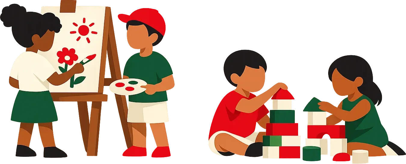 Diverse children happily painting and building blocks together