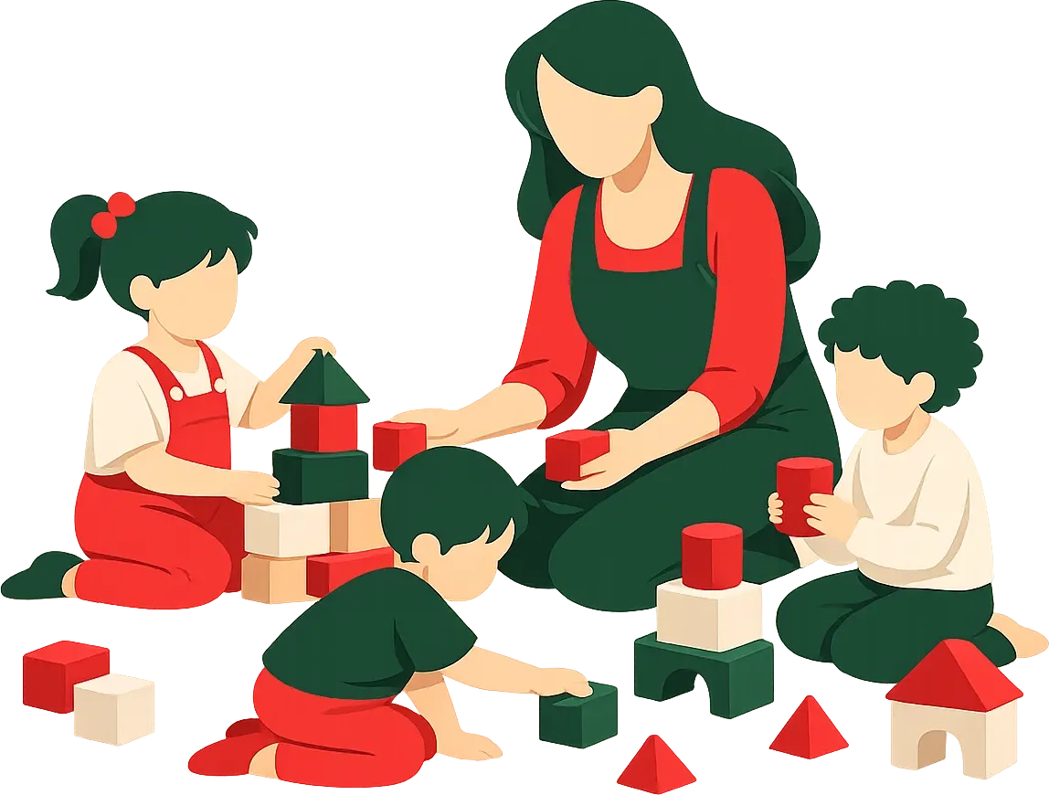 A gentle teacher guiding very young children in sensory play, exuding warmth and emotional security