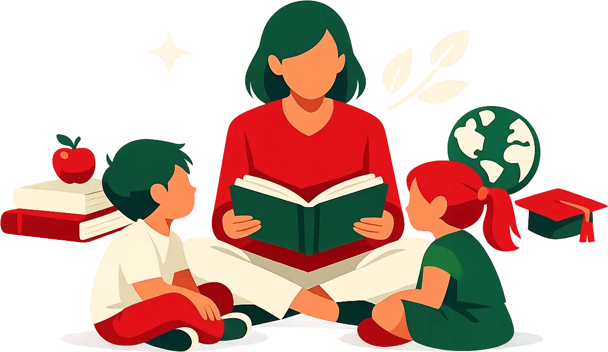 A teacher gently reading to students, fostering a love for learning