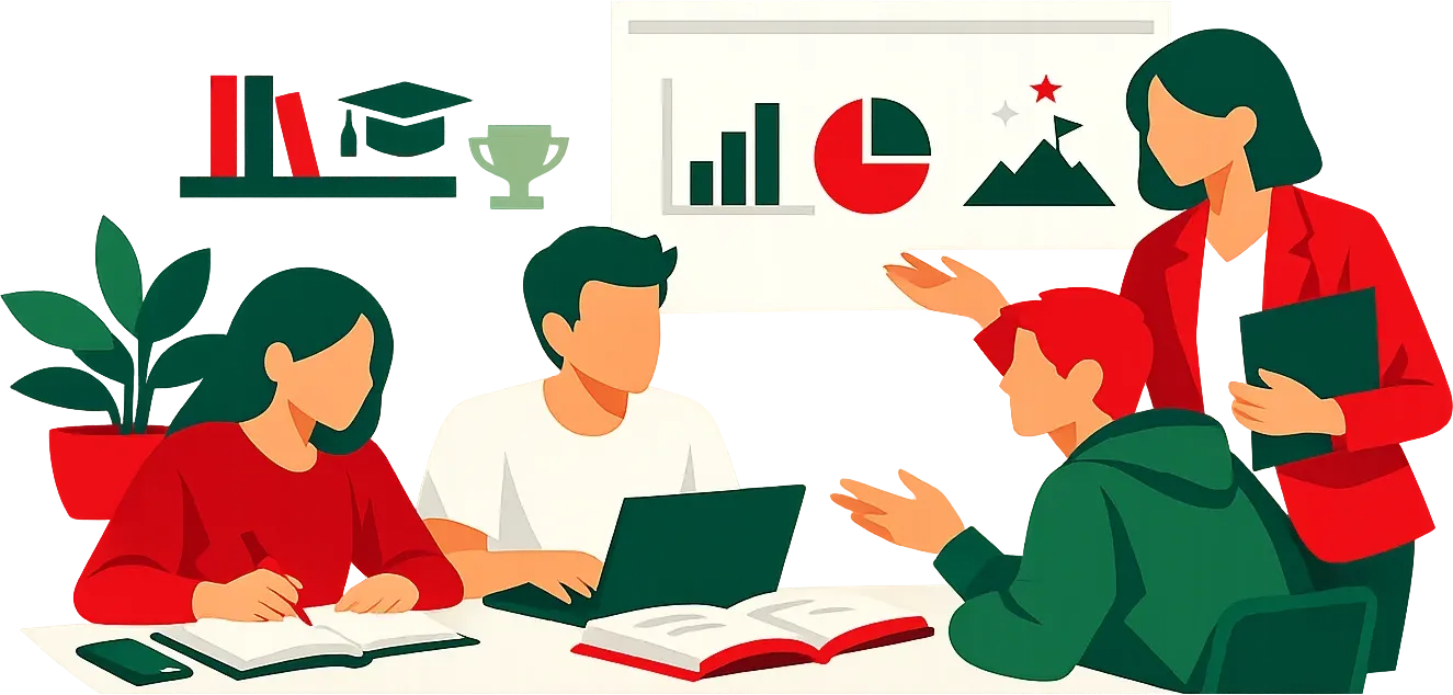 Secondary school students engaged in focused study and academic discussion, balancing rigor and mental well-being